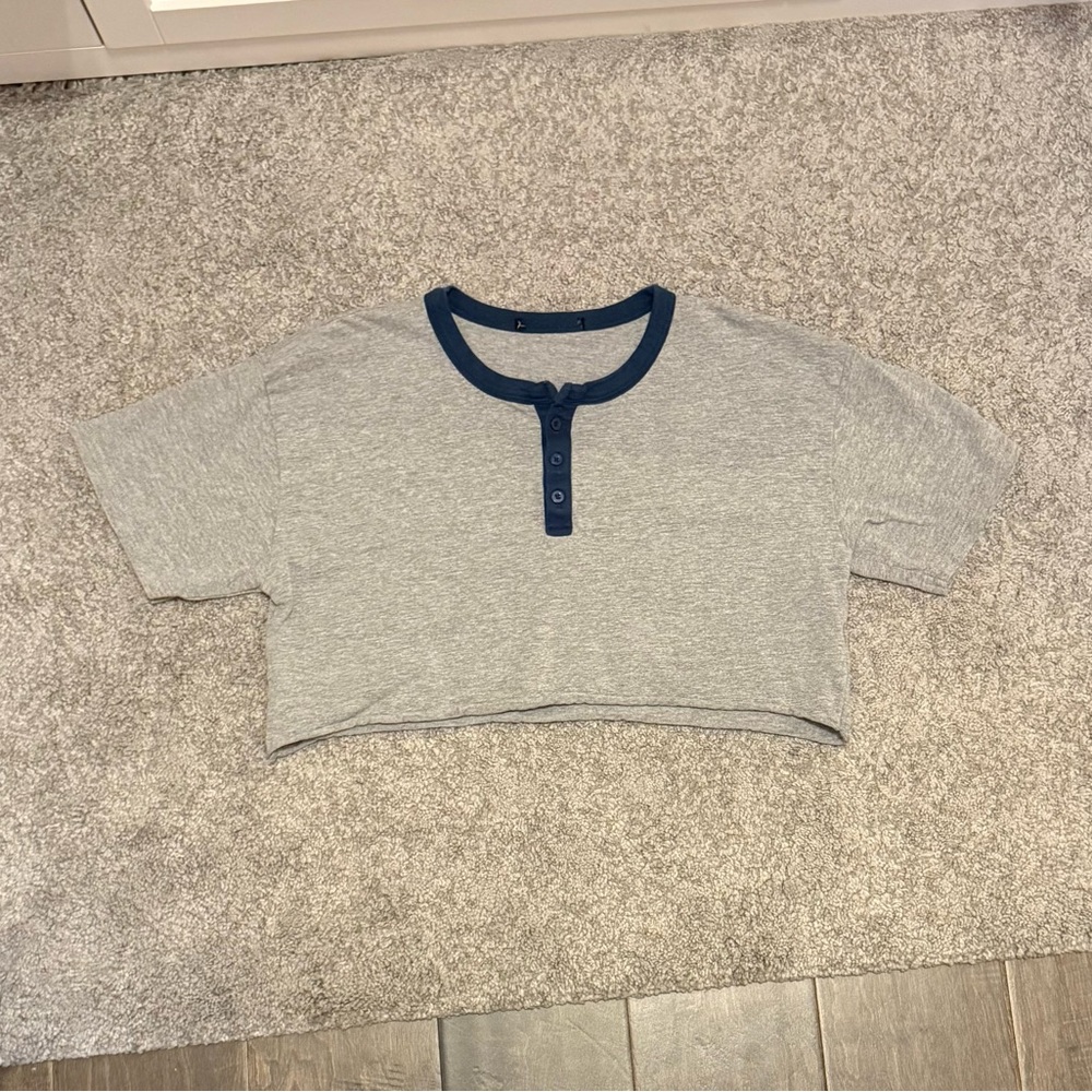 Women’s Gray and Blue Henley Crop Top